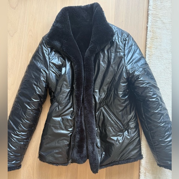 Emilio Pepe reversible black faux fur jacket and shiny metallic XS $375 Italy - Picture 1 of 2